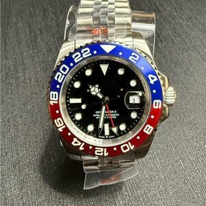 Stainless Steel Watch with Red and Blue Bezel